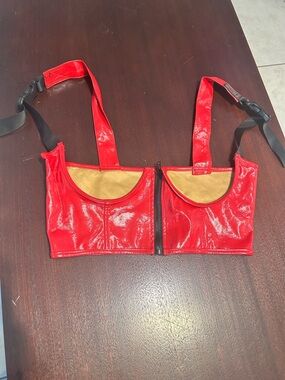 Red faux leather Patent Zip-Front Crop Top with Adjustable Straps